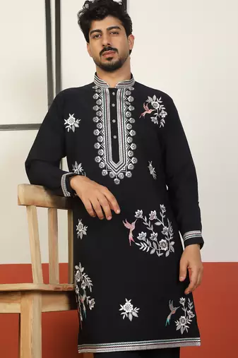 Men embroidered floral thread work japanese fabric neavy blue festive kurta