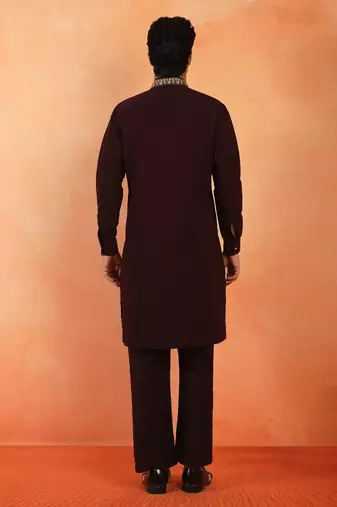 Men embroidered & embellished yoke design wine kurta