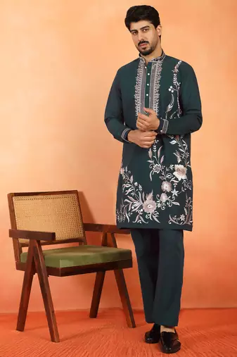 Men embroidered floral japanese fabric mandarin collor blue kurta