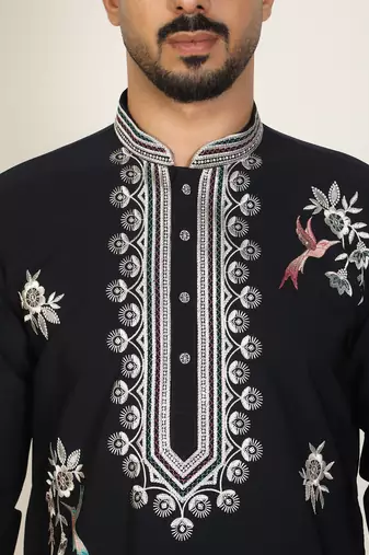 Men embroidered floral thread work japanese fabric neavy blue festive kurta