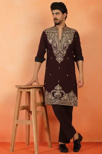 Men embroidered & embellished yoke design wine kurta