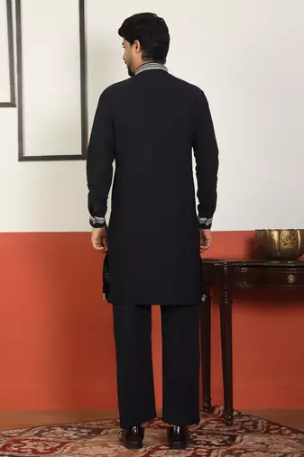 Men embroidered floral thread work japanese fabric neavy blue festive kurta