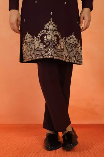 Men embroidered & embellished yoke design wine kurta