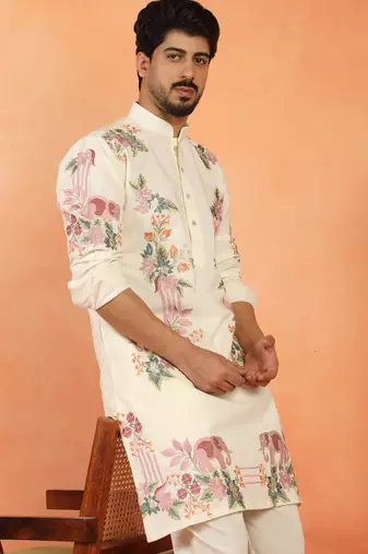 Japanese fabric floral embroidered festive cream kurta