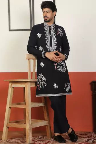 Men embroidered floral thread work japanese fabric neavy blue festive kurta