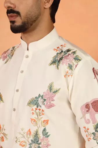 Japanese fabric floral embroidered festive cream kurta