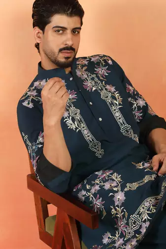 Japanese fabric floral embroidered festive teal blue kurta