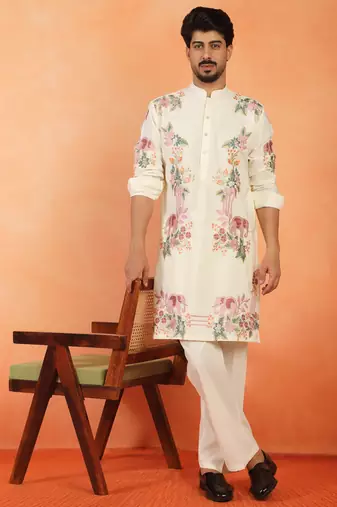 Japanese fabric floral embroidered festive cream kurta