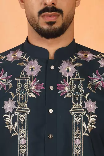 Japanese fabric floral embroidered festive teal blue kurta