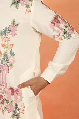 Japanese fabric floral embroidered festive cream kurta