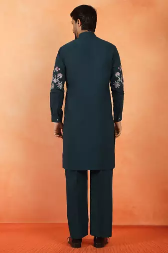 Japanese fabric floral embroidered festive teal blue kurta