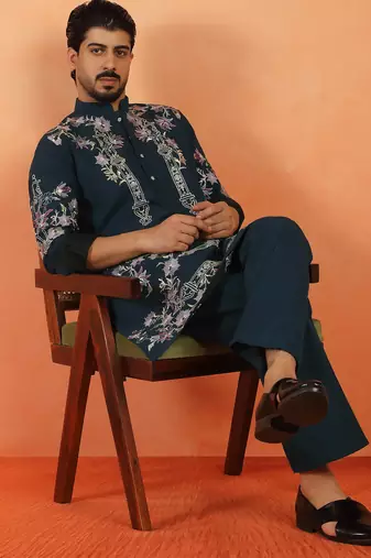 Japanese fabric floral embroidered festive teal blue kurta