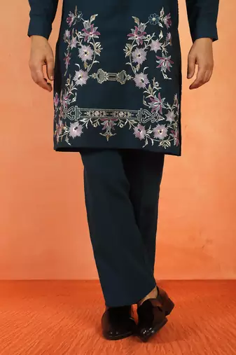 Japanese fabric floral embroidered festive teal blue kurta