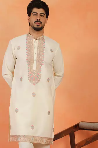 Yoke design embroidered japanese fabric cream kurta