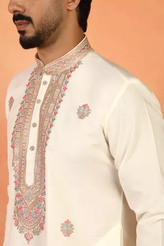 Yoke design embroidered japanese fabric cream kurta