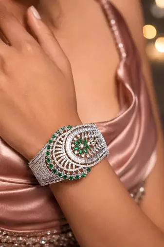 Emerald Green CZ Bridal Bracelet Cuff, Rhodium-Plated Silver Crystal Bangle