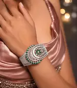 Emerald Green CZ Bridal Bracelet Cuff, Rhodium-Plated Silver Crystal Bangle