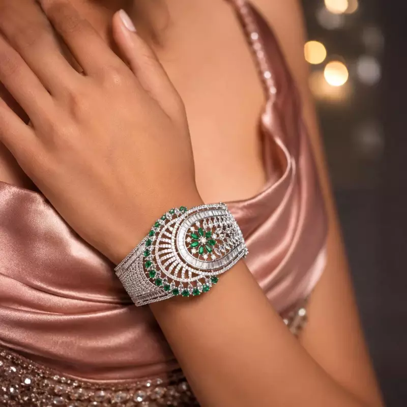 Emerald Green CZ Bridal Bracelet Cuff, Rhodium-Plated Silver Crystal Bangle