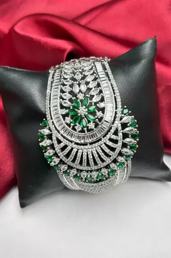 Emerald Green CZ Bridal Bracelet Cuff, Rhodium-Plated Silver Crystal Bangle