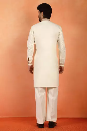 Yoke design embroidered japanese fabric cream kurta