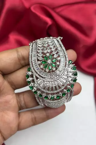 Emerald Green CZ Bridal Bracelet Cuff, Rhodium-Plated Silver Crystal Bangle