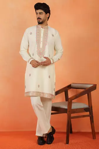 Yoke design embroidered japanese fabric cream kurta