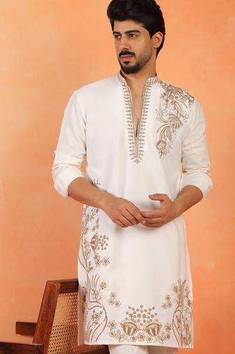 Men embroidered thread work embellished yoke design long cream kurta