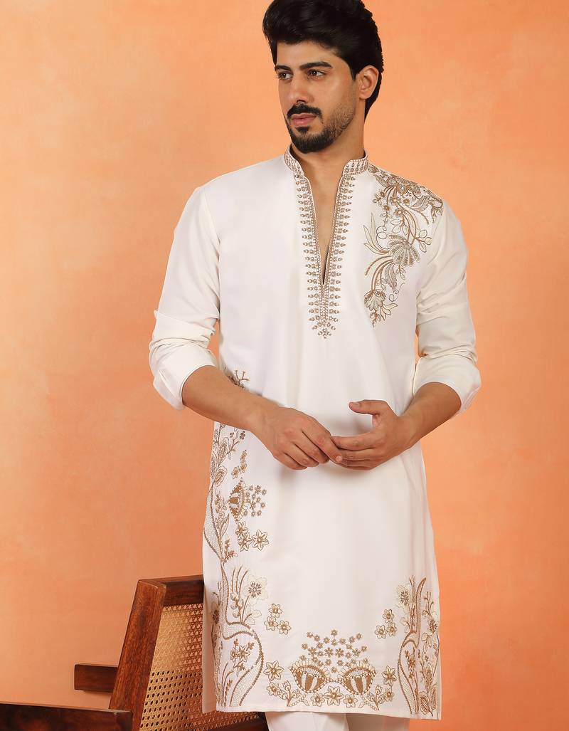 Men embroidered thread work embellished yoke design long cream kurta