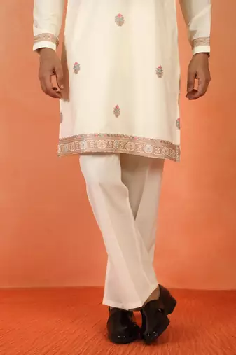 Yoke design embroidered japanese fabric cream kurta
