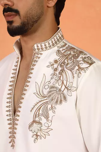 Men embroidered thread work embellished yoke design long cream kurta