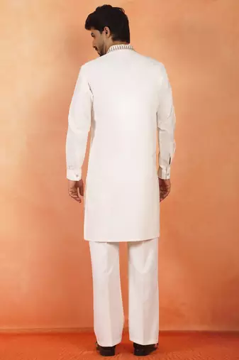Men embroidered thread work embellished yoke design long cream kurta