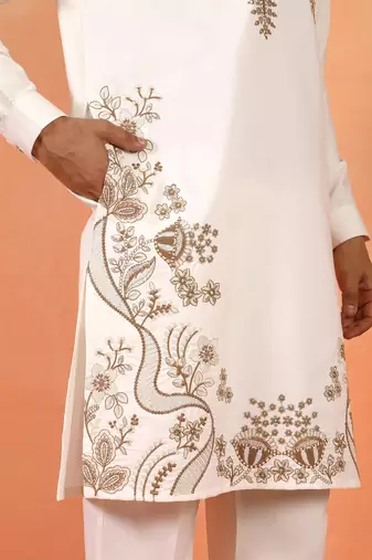Men embroidered thread work embellished yoke design long cream kurta