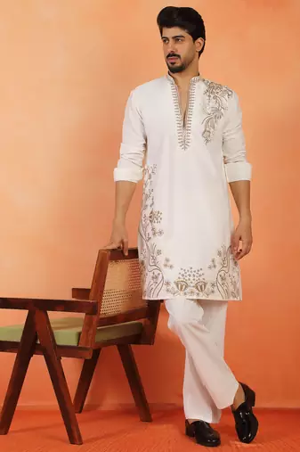 Men embroidered thread work embellished yoke design long cream kurta