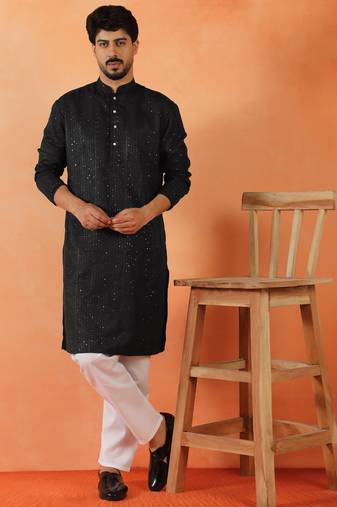 Cotton silk sequenced thread work black festive kurta with pyjamas