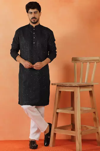 Cotton silk sequenced thread work black festive kurta with pyjamas