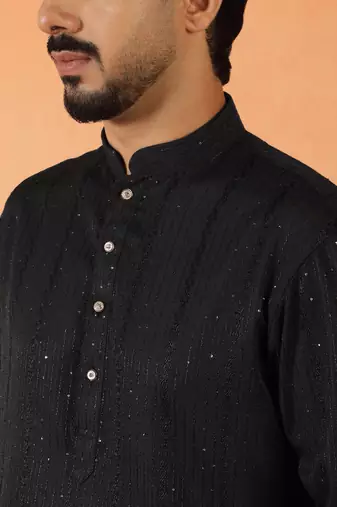 Cotton silk sequenced thread work black festive kurta with pyjamas