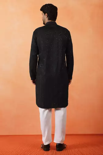 Cotton silk sequenced thread work black festive kurta with pyjamas