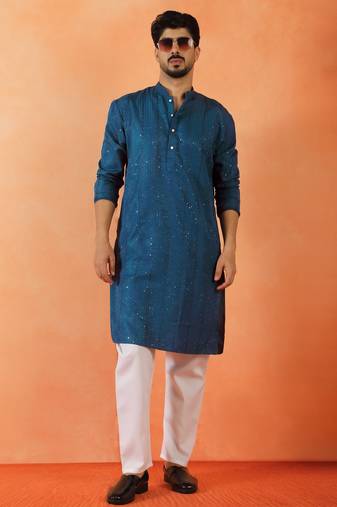 Cotton silk sequenced thread work blue festive kurta with pyjamas