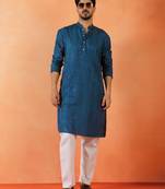 Cotton silk sequenced thread work blue festive kurta with pyjamas