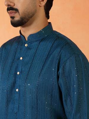 Cotton silk sequenced thread work blue festive kurta with pyjamas 2