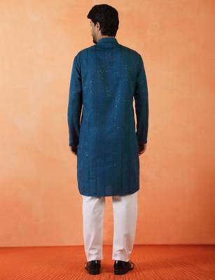 Cotton silk sequenced thread work blue festive kurta with pyjamas 3