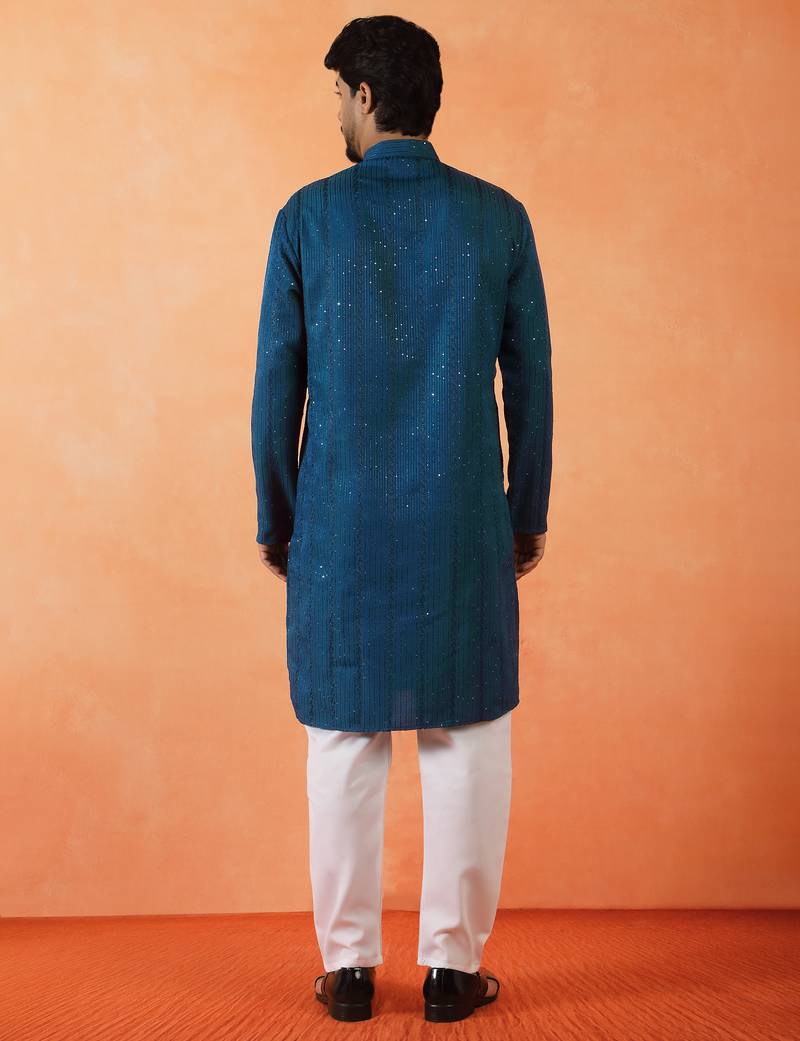 Cotton silk sequenced thread work blue festive kurta with pyjamas