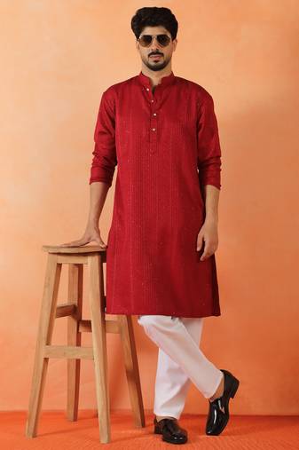 Cotton silk sequenced thread work maroon festive kurta with pyjamas