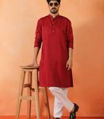 Cotton silk sequenced thread work maroon festive kurta with pyjamas
