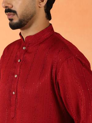 Cotton silk sequenced thread work maroon festive kurta with pyjamas 2