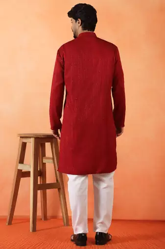 Cotton silk sequenced thread work maroon festive kurta with pyjamas