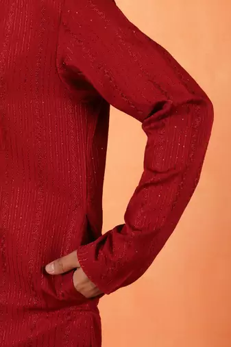 Cotton silk sequenced thread work maroon festive kurta with pyjamas