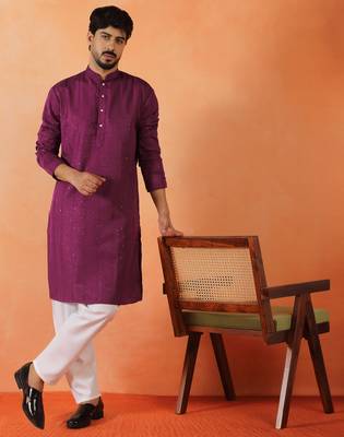 Cotton silk sequenced thread work purple festive kurta with pyjamas 1