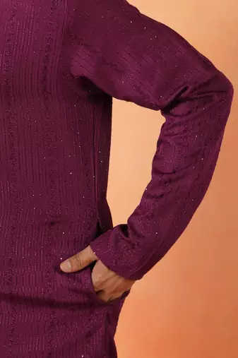 Cotton silk sequenced thread work purple festive kurta with pyjamas