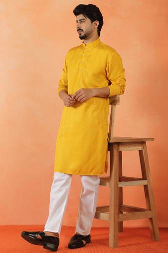 Cotton silk sequenced thread work yellow festive kurta with pyjamas